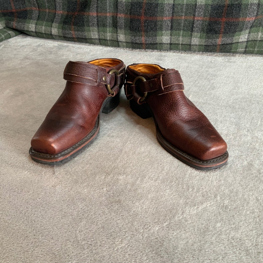 Frye Harness Mules Brown Leather Square Toe Made in USA 73106 Size 6